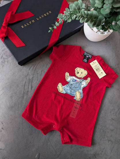 New Vintage Ralph Lauren Polo Jeans Bear Romper Baby Boy Red Cute Gift 3-6m