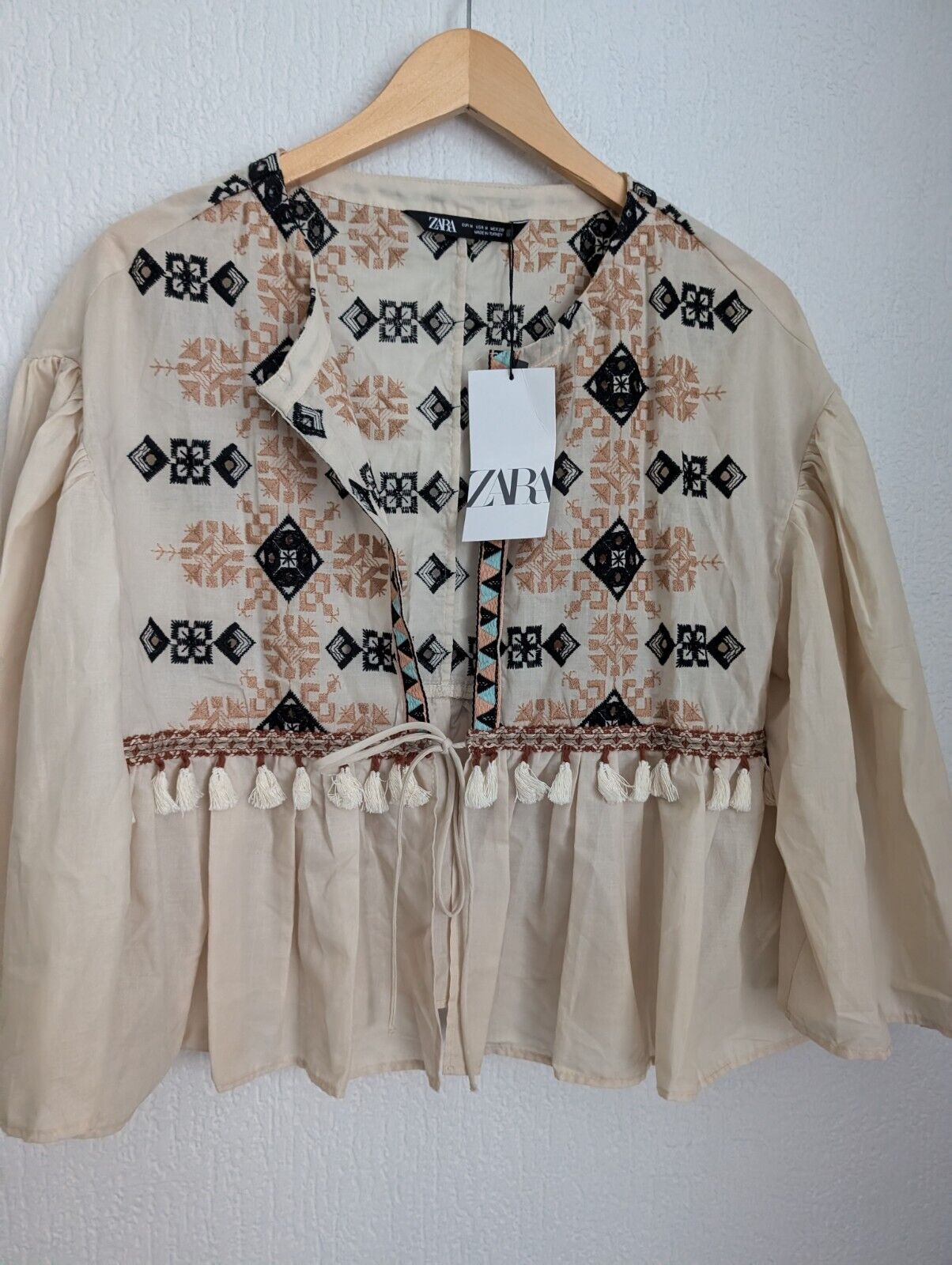 New Zara Ruffle Hem Peplum Beige Fringed Embroidery Light Jacket Top UK M Casual