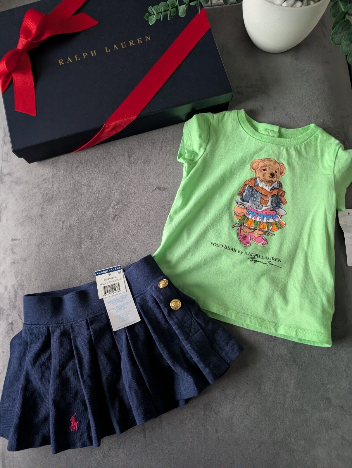 New Ralph Lauren Girls Green Bear T Shirt And Navy Skort Pleated Outfit 12m Gift