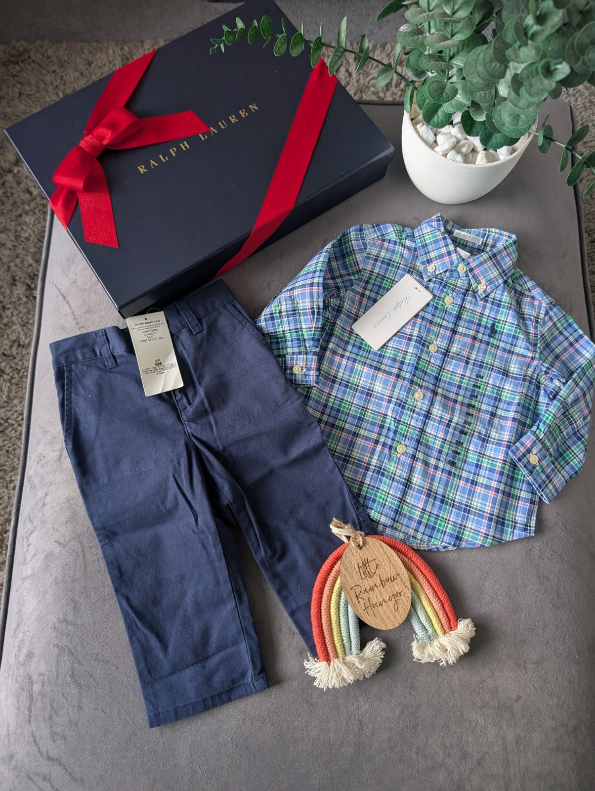 New adorable Ralph Lauren boys Polo Shirt Blue  + Chino Trousers Age 6-9m Gift