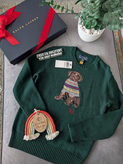 New 2024 Ralph Lauren Green Unisex Dog Knit Jumper Sweater Moss 10-12y £159 Gift