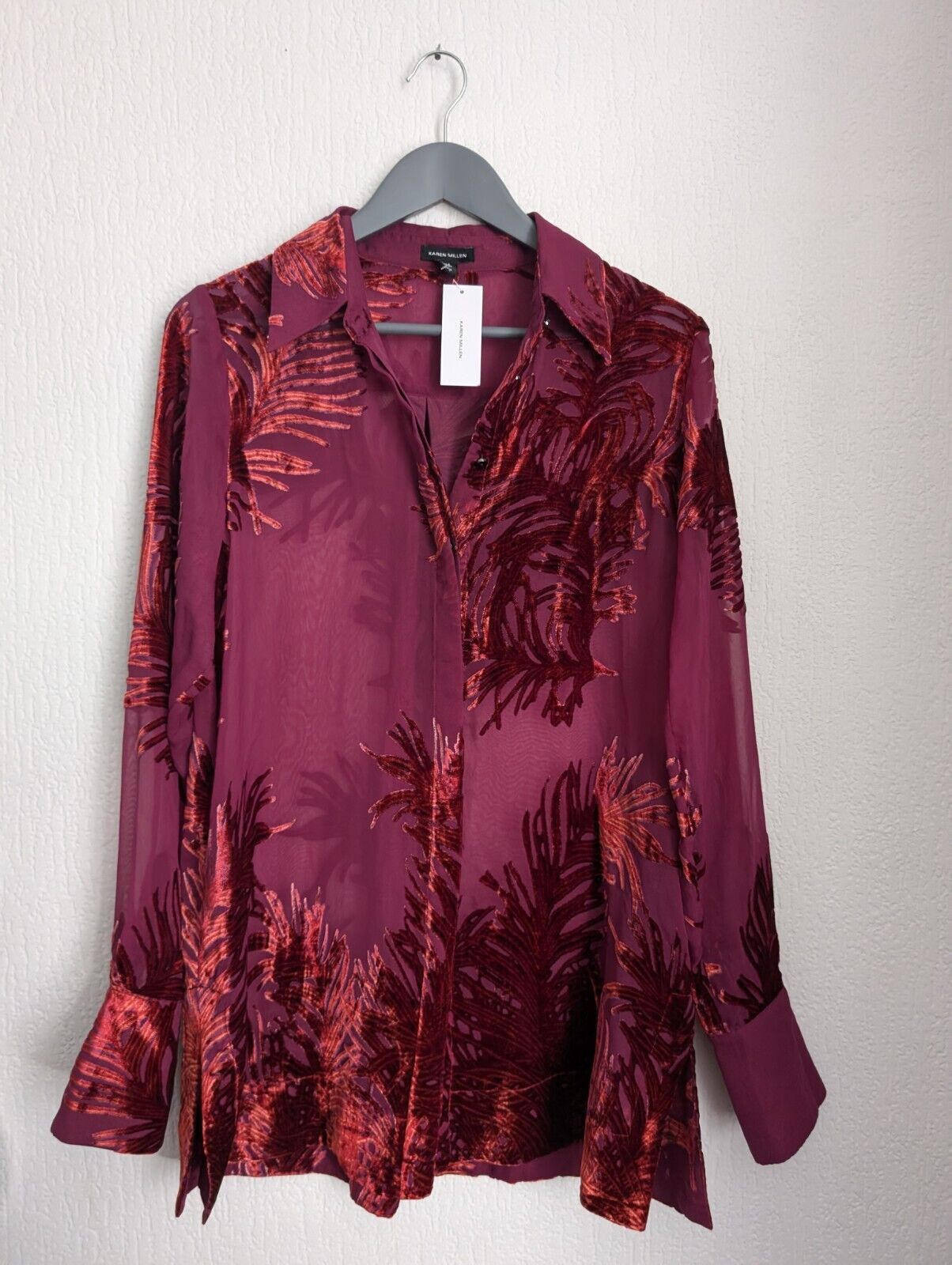 New Karen Millen Feather Devore Woven Shirt BNWT Burgundy Pink Sheer Smart UK 10