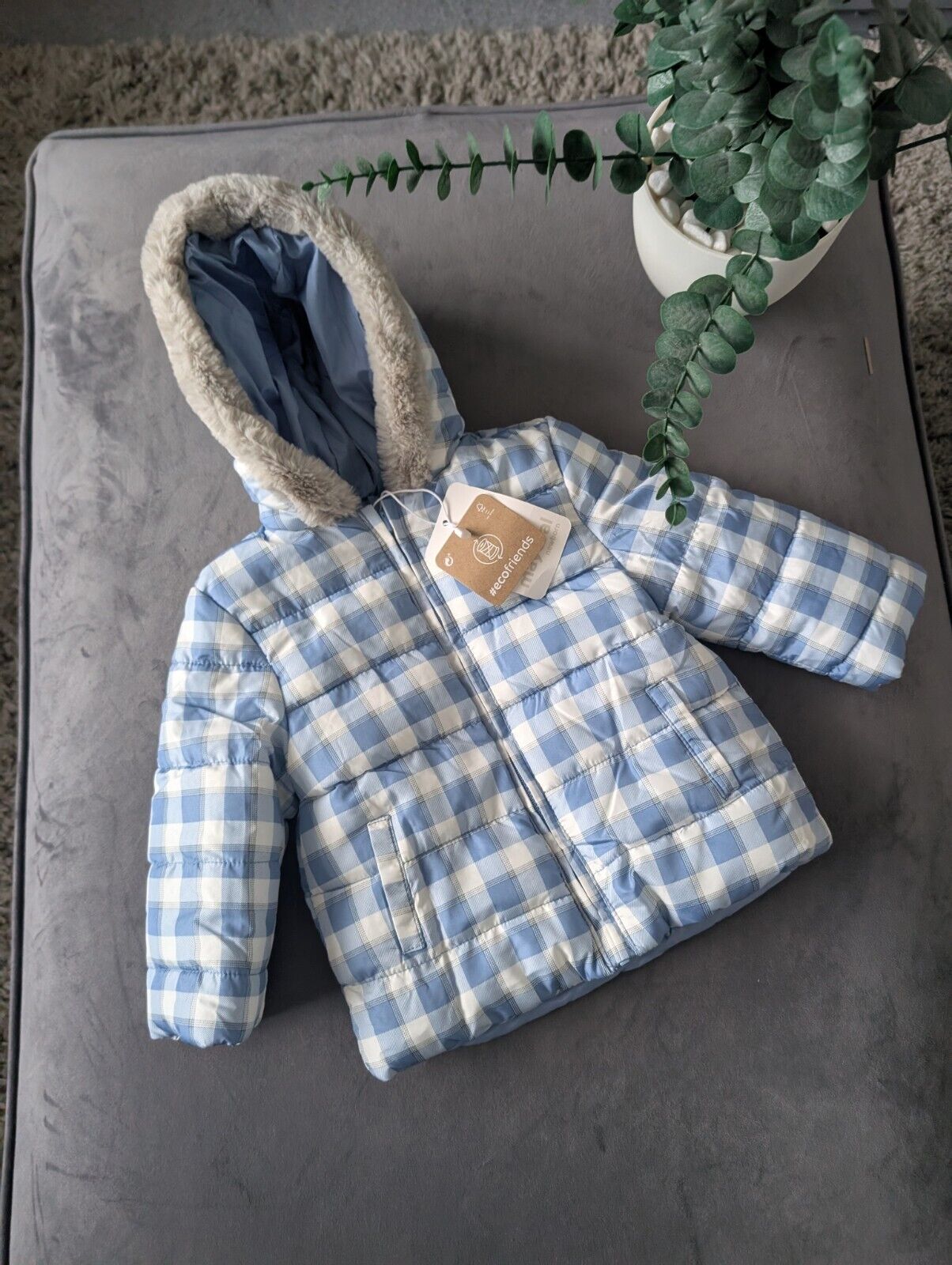 New Baby Mayoral Padded Winter Coat Age 6/9mth Blue Check Fur Trim Hood Gift