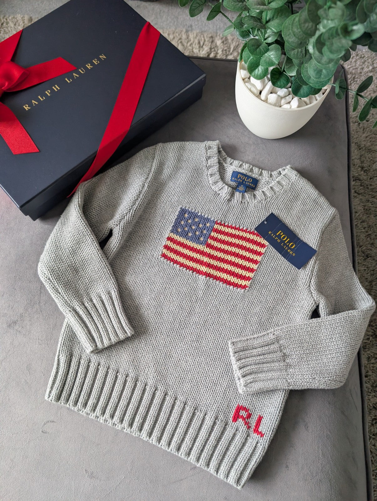 New Polo Ralph Lauren Grey Smart American flag jumper age UK 4-5yr USA Boys Gift