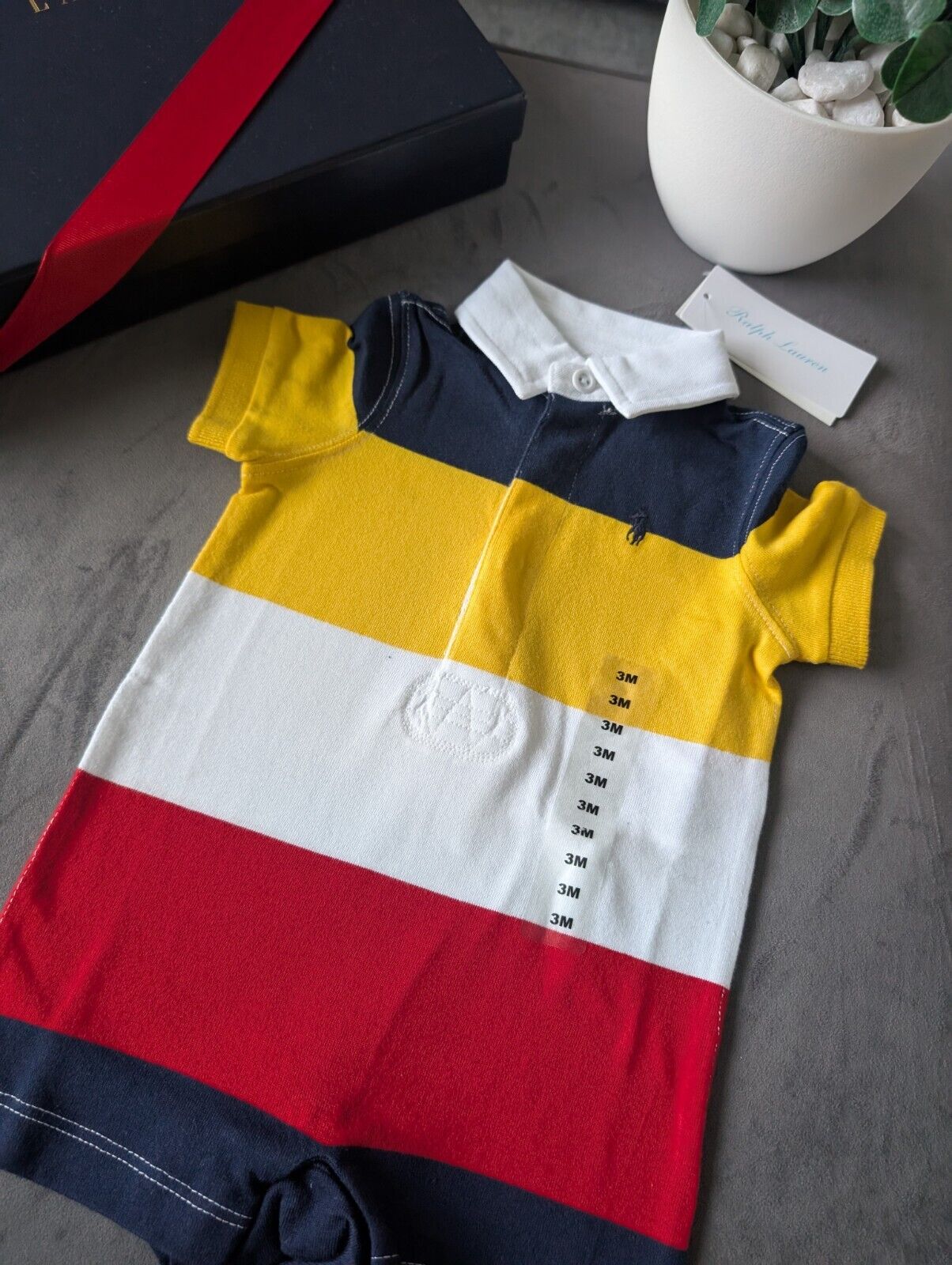 New Ralph Lauren Baby Boy Navy Yellow Stripe Romper 0-3m Gift Cute Baby Summer