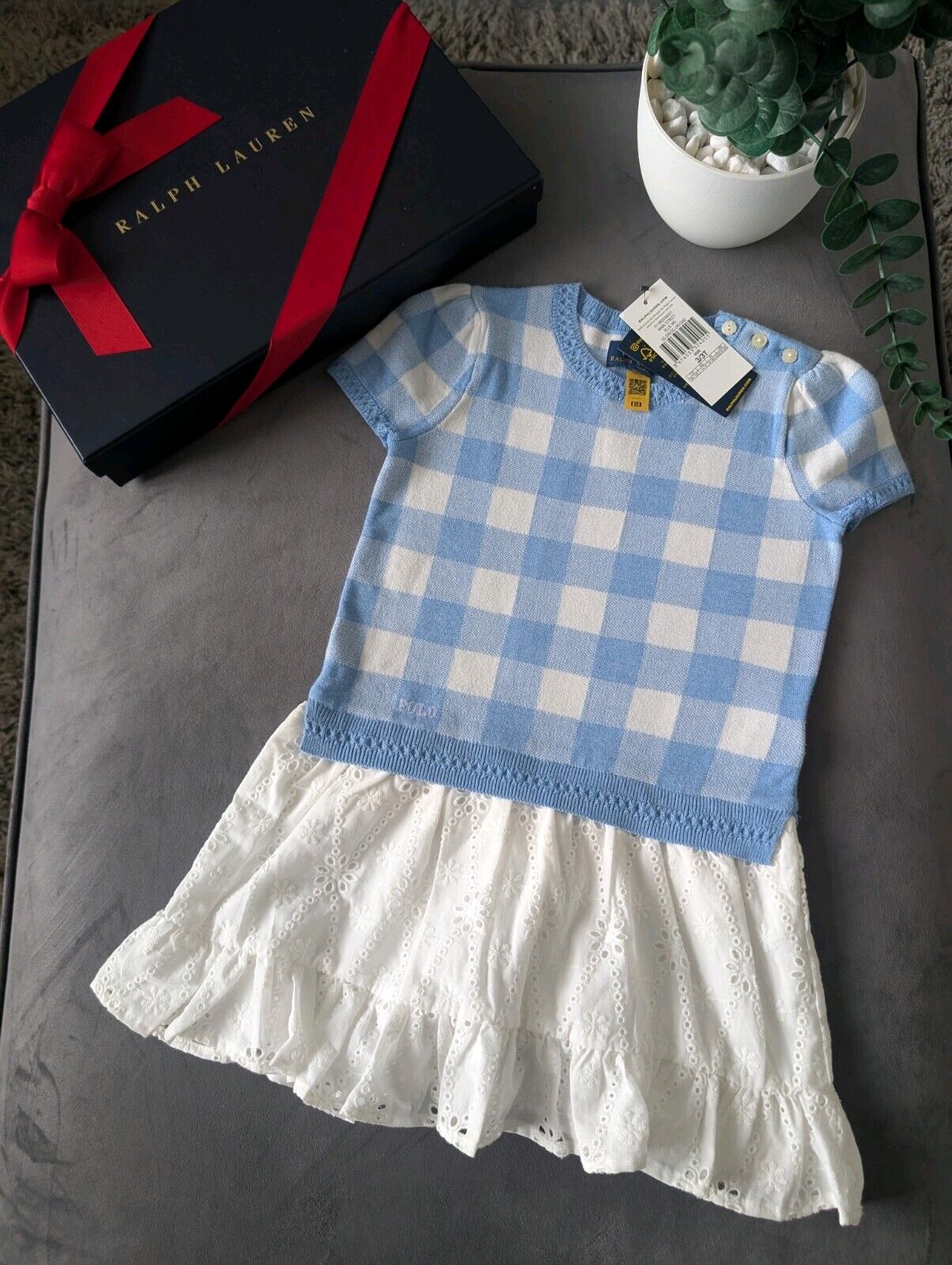 New Ralph Lauren Gorgeous Girls Tartan Jumper Dress Blue Embroidery Anglaise 3y