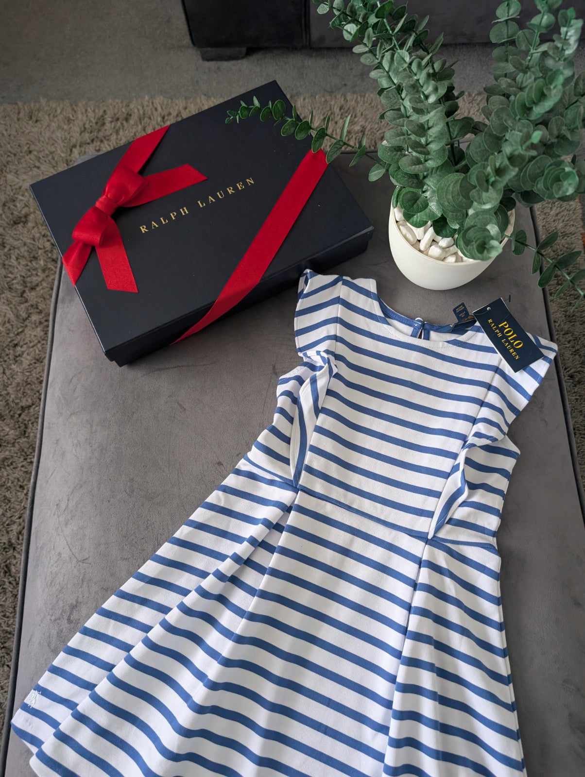 New Ralph Lauren Girls White Navy Stripe Polo Frill Stripe Ribbed Dress 6-7yr