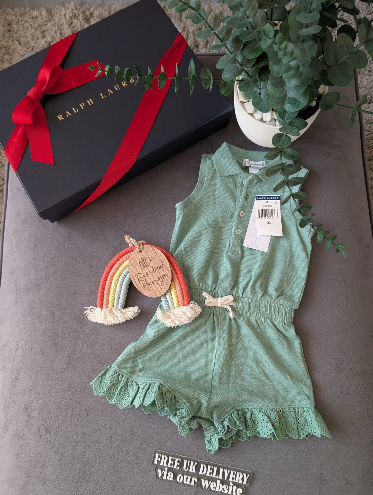 New Ralph Lauren Girls Green Frill Playsuit Gift Pretty 6-9m Summer Beach Gift