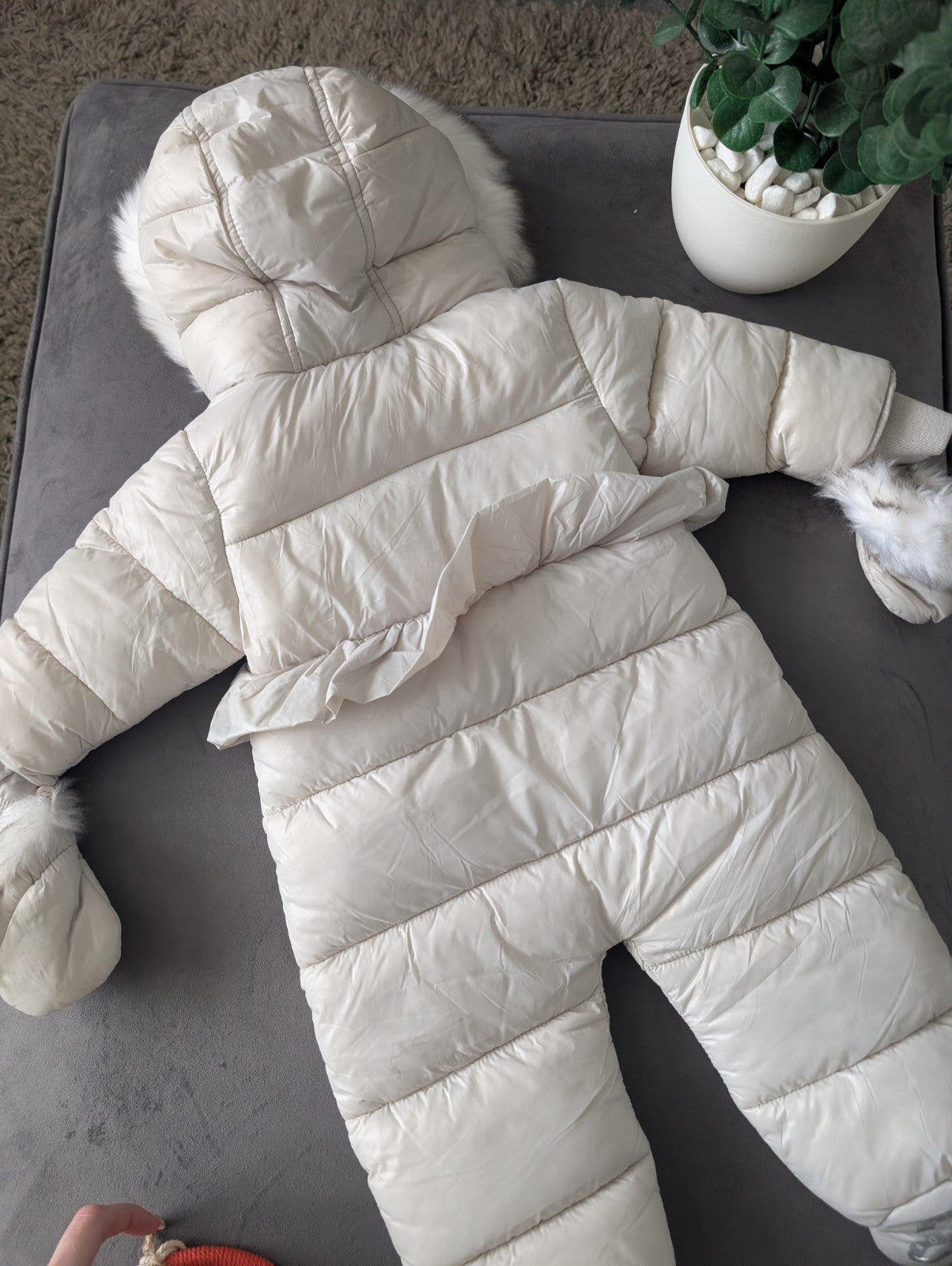 Ted Baker Silver Padded Ruffle Trim Snowsuit & Mittens Set Age 3-6mths BNWT £54