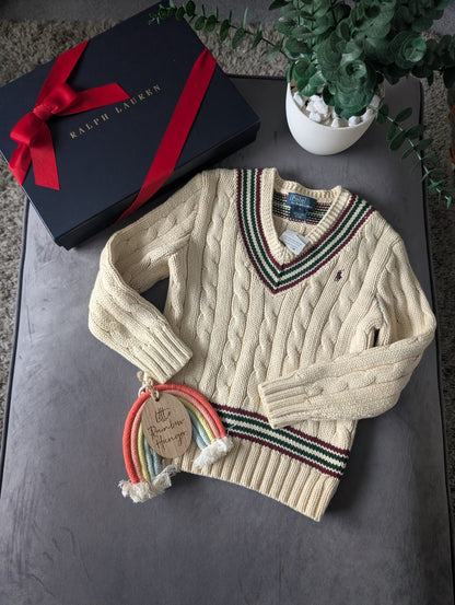 New Boys Ralph Lauren Vintage Ivory Chunky Knit Cricket Jumper Cream Gift 4-5y