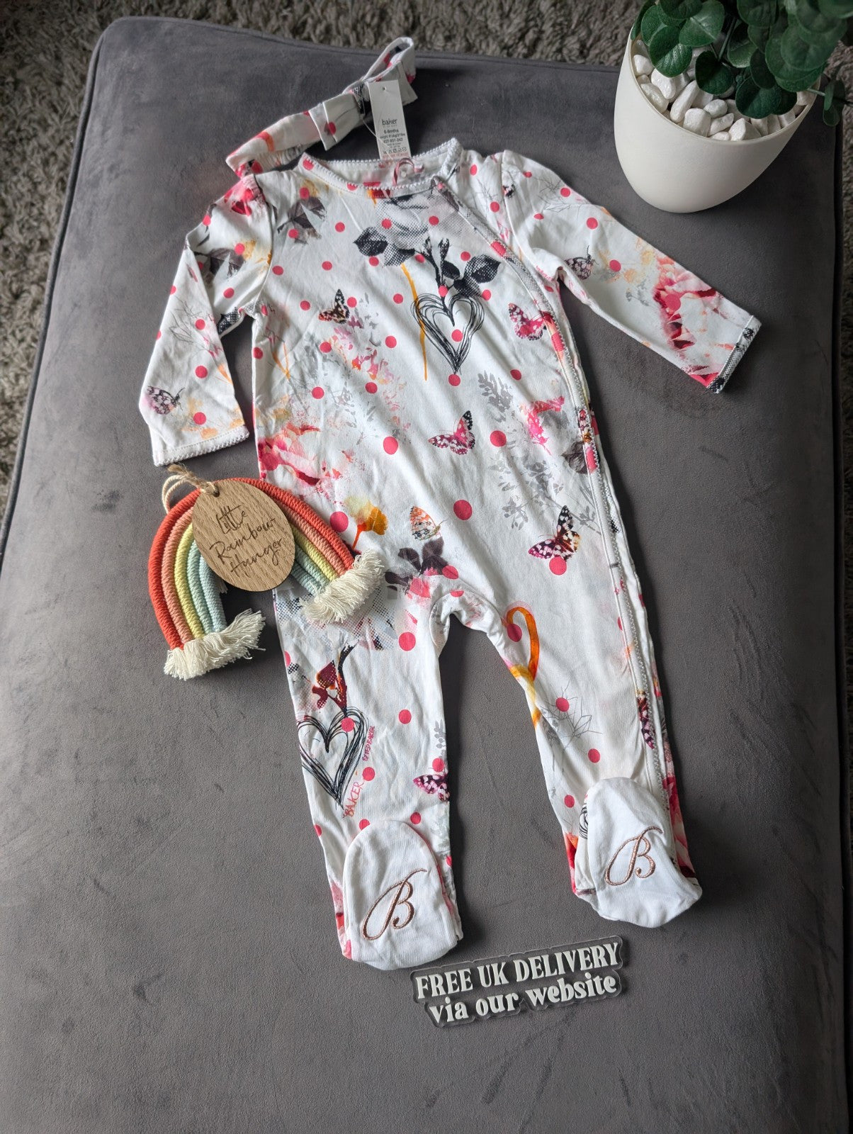 New Ted Baker Baby Girl Sleepsuit babygrow/romper Frill Gift 6-9m + Headband