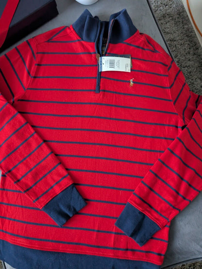 New Ralph Lauren Boys Navy  3/4 Zip Knit Red Stripe Top Top Jumper Age 14y