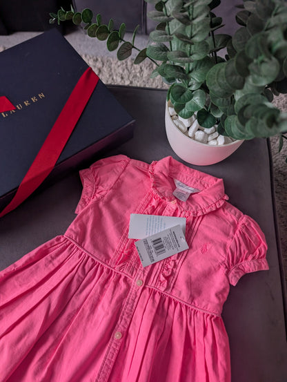 New Girls Polo Ralph Lauren Gorgeous Plain  Dress Oxford Neon Pink 12-18m Smart