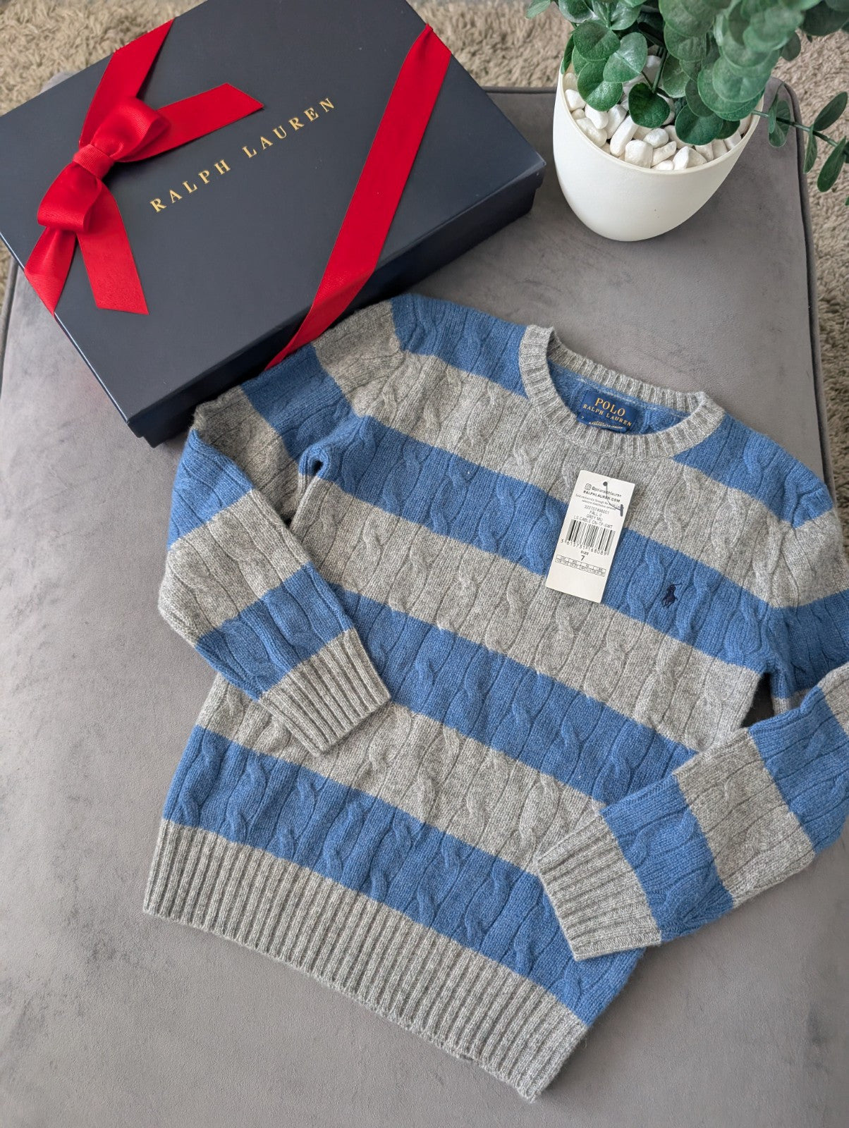 New Boys Ralph Lauren Blue Grey Stripe Cable knit jumper Cashmere Blend 6/7yr