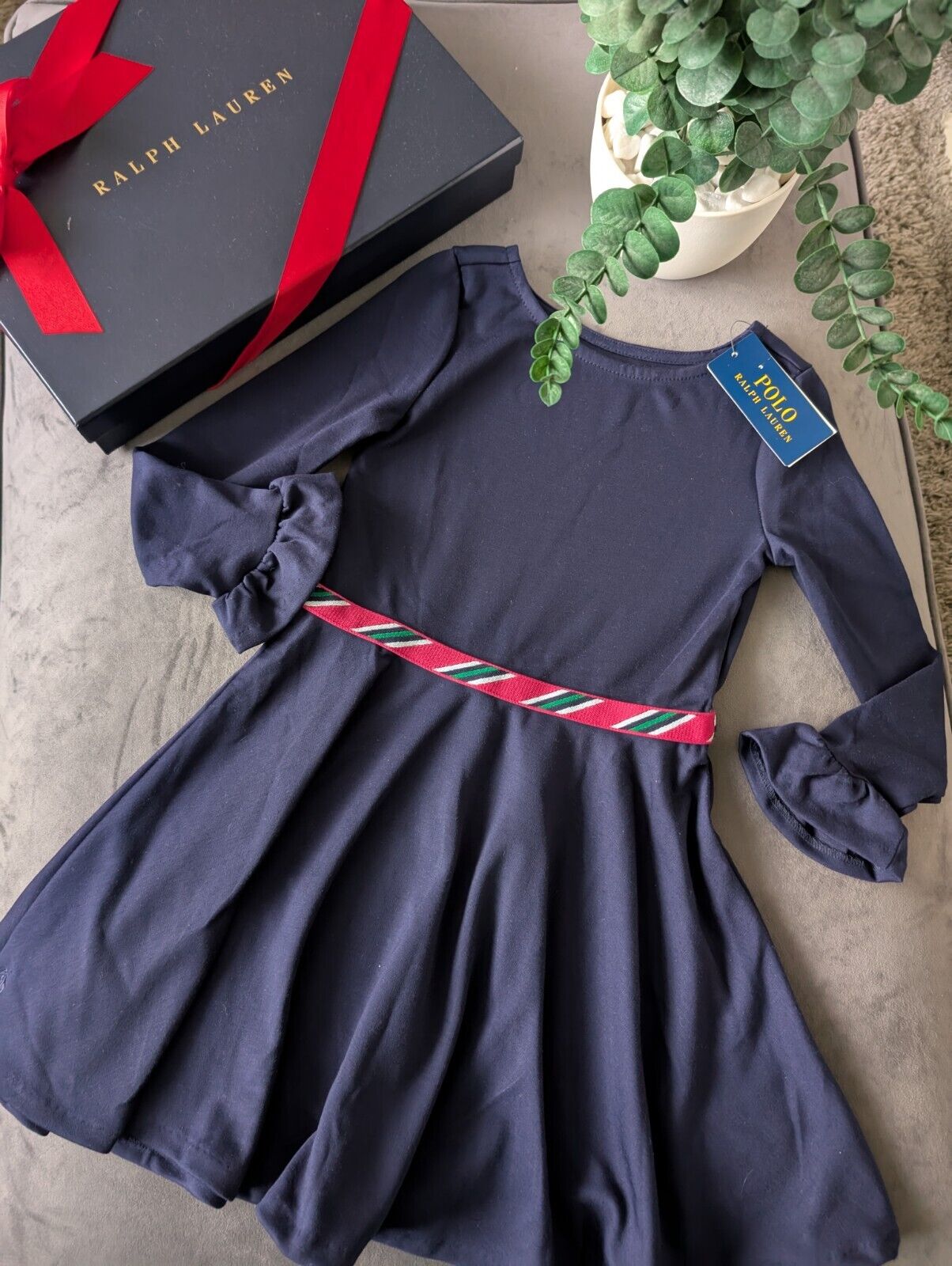 New Stunning Ralph Lauren Girls Ponte Frill Sleeve Navy Dress Belted Gift 6y