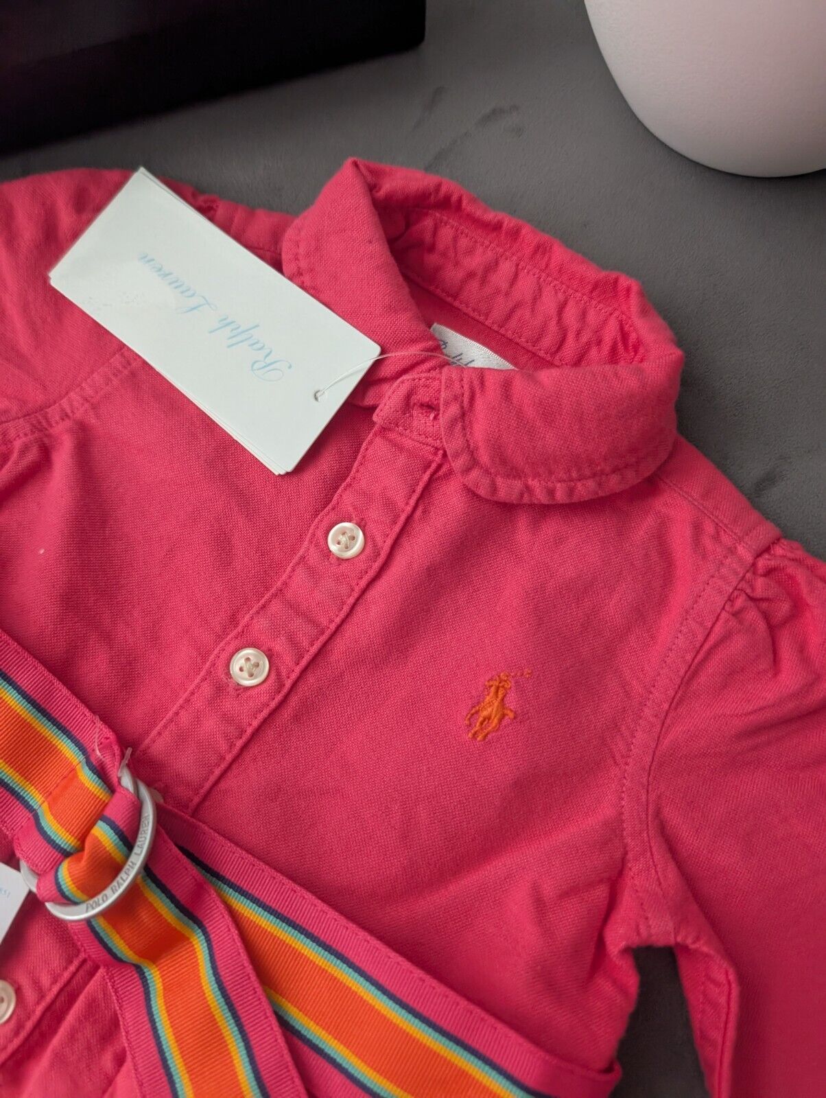 Ralph Lauren Polo girls buttoned Oxford Shirt dress Pink Belt Yellow 0-3m Gift