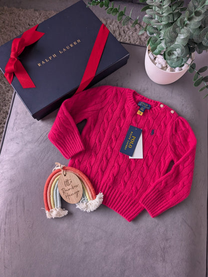 New Polo by Ralph Lauren Cable Knit Jumper Pink Girls 2 Yrs Cashmere Blend Gift