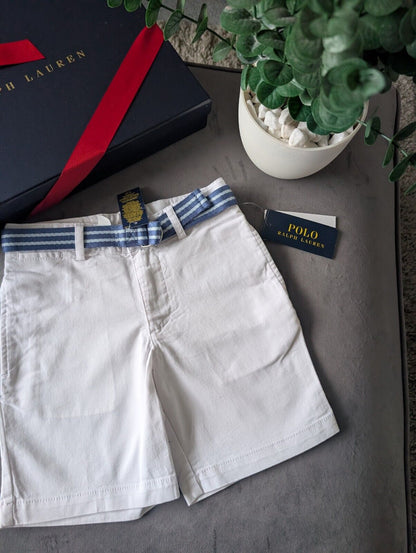 New Ralph Lauren Boys White Chino Shorts + Belt Smart Gift Age 5 Casual Summer