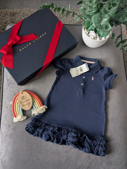 New Ralph Lauren Cupcake Navy Blue Baby Girls Frill  Polo Dress 9-12 Months Gift