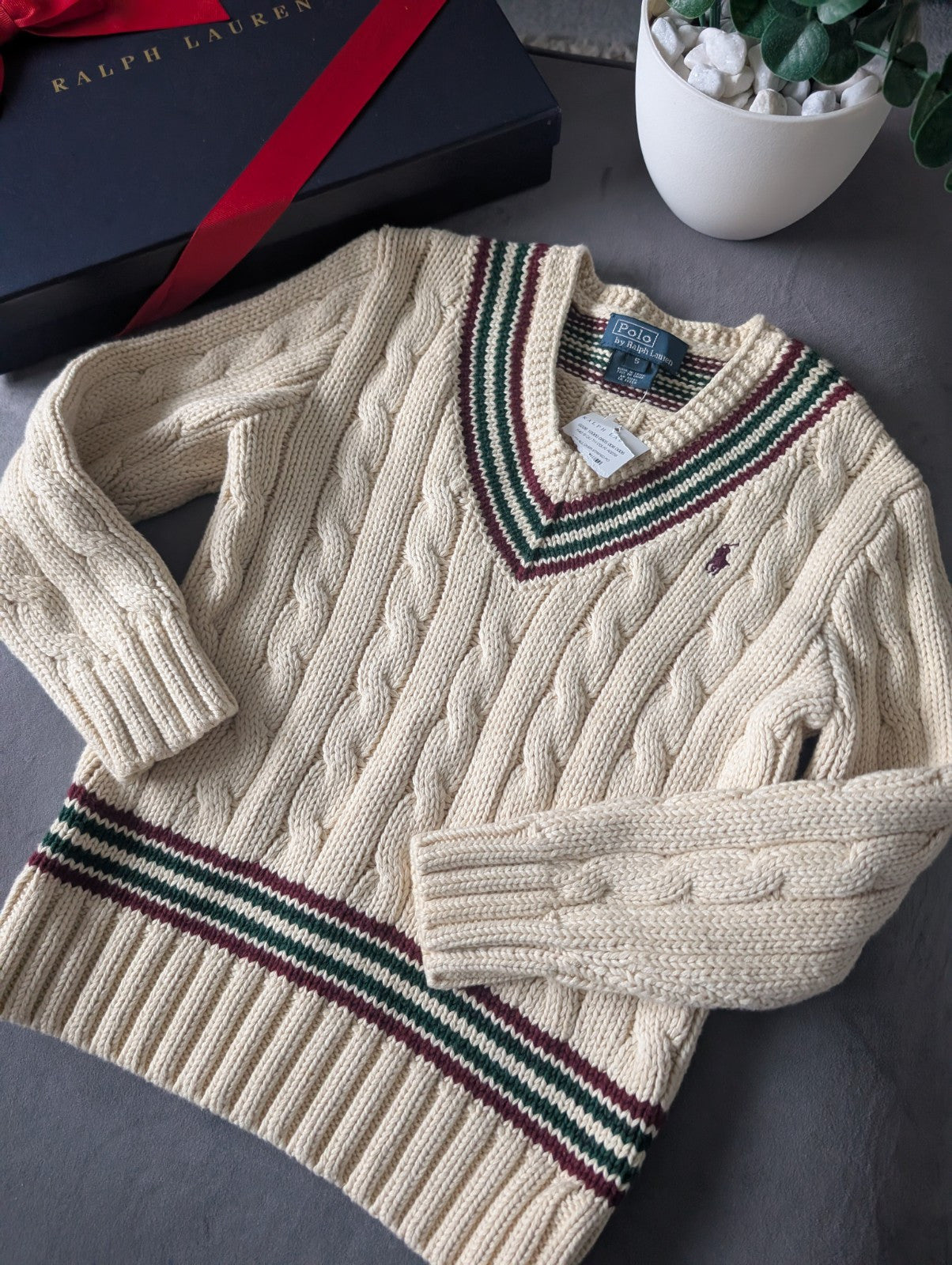 New Boys Ralph Lauren Vintage Ivory Chunky Knit Cricket Jumper Cream Gift 4-5y