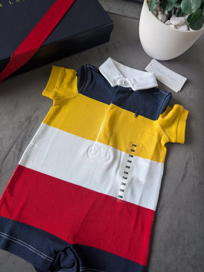 New Ralph Lauren Baby Boy Navy Yellow Stripe Romper 0-3m Gift Cute Baby Summer