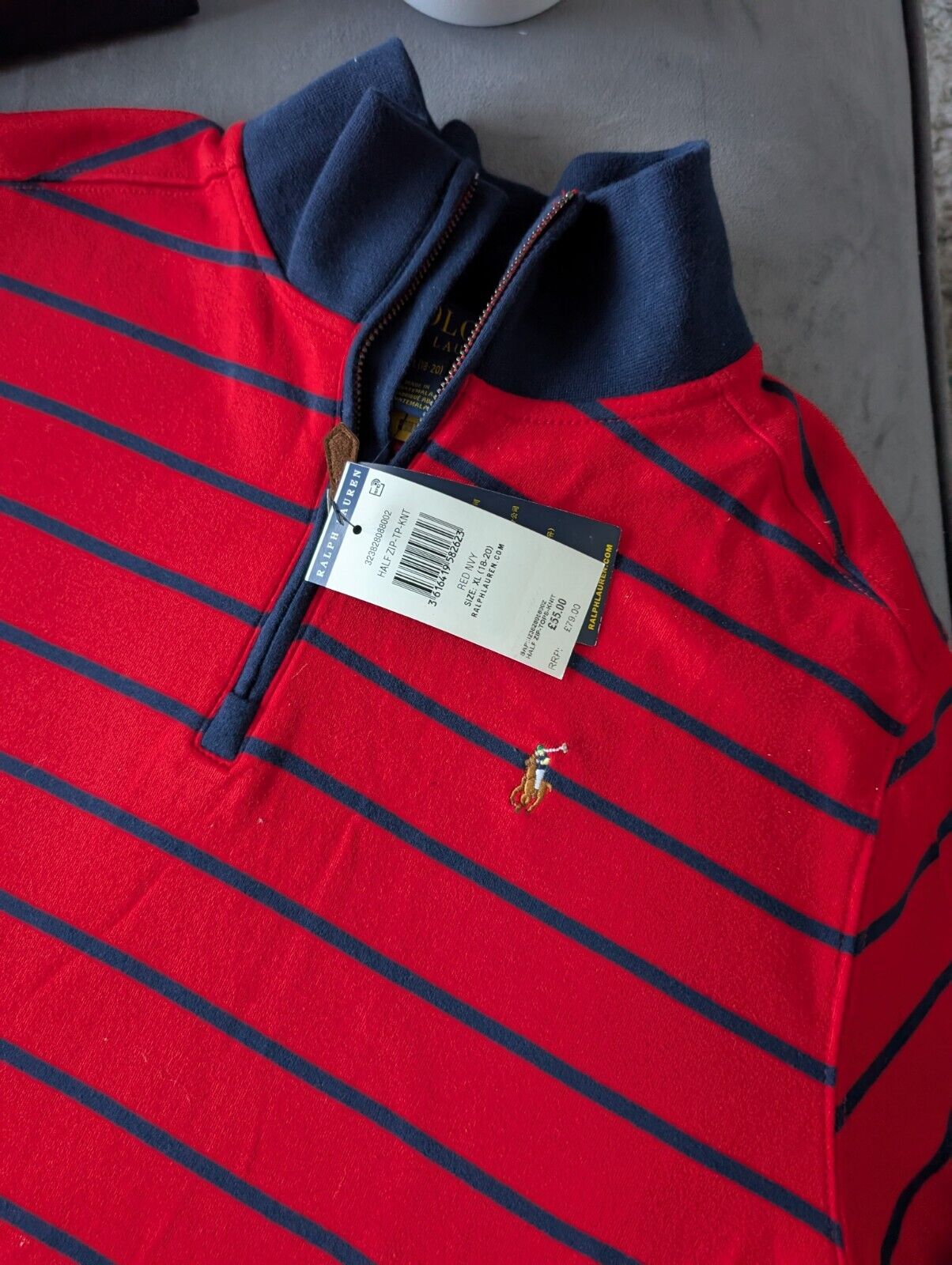 New Ralph Lauren Boys Navy  3/4 Zip Knit Red Stripe Top Top Jumper Age 14y