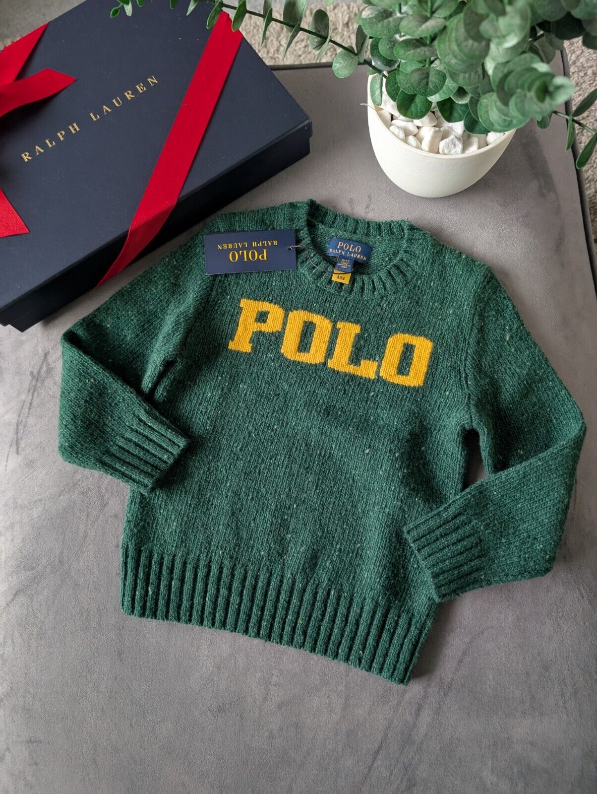 New boys polo Ralph Lauren Green Yellow Wool knit jumper logo polo Gift smart 4y