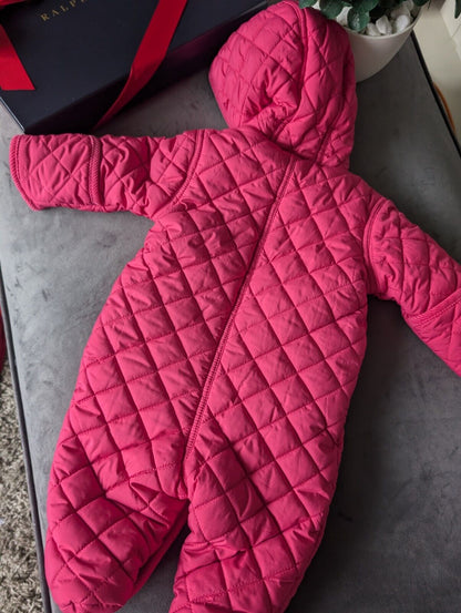 New ralph lauren Pink Quilted fleece lined pram suit snowsuit 0-3 Gift Girls