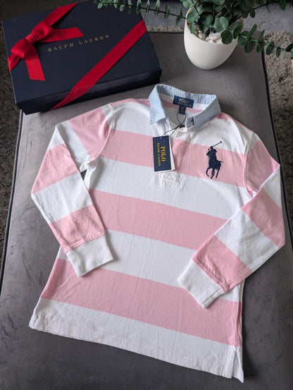 New Ralph Lauren Boys Iconic Pink White Stripe Long Sl Polo Shirt Smart Gift 8y