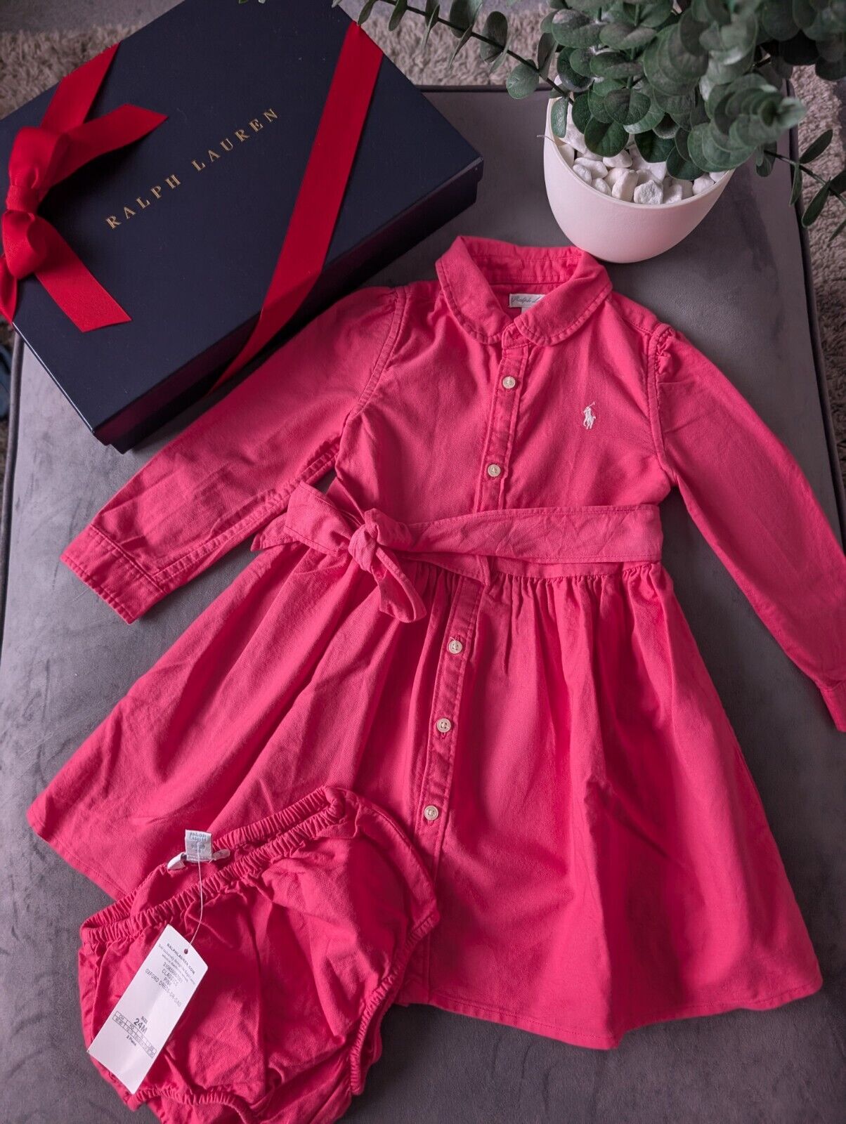 Bnwot Ralph Lauren Polo girls buttoned Oxford Shirt dress Pink Belt 18m Gift