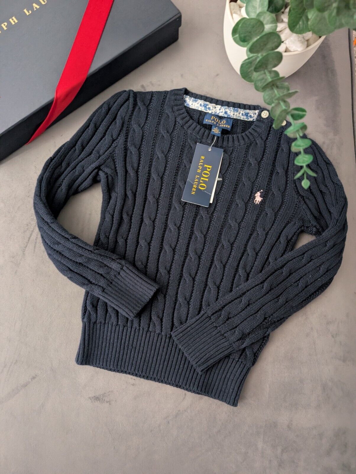 New Polo by Ralph Lauren Cable Knit Jumper Navy Girls 4-5 Years Smart Warm Gift