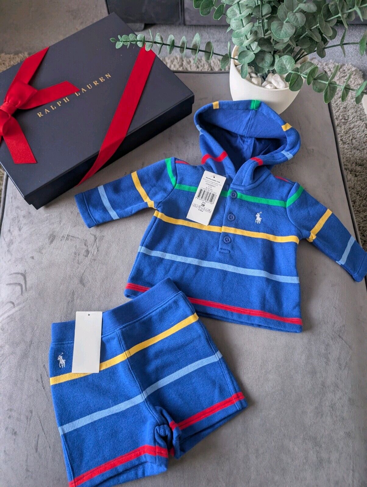 New Ralph Lauren Baby Boy Blue Short And Hoodie Set Gift Stripe Multi 0-3m Cute