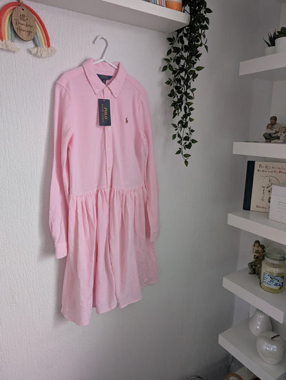 New Ralph Lauren Pink Embroided Logo Smart Formal Cotton Oxford Shirtdress 12yrs