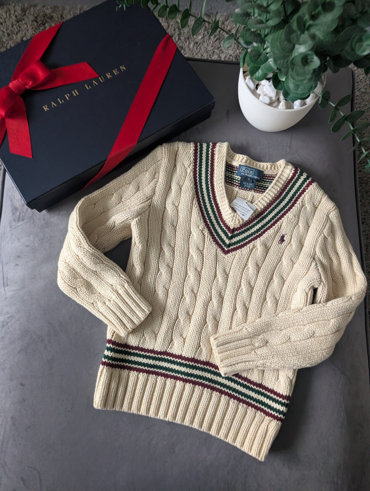 New Boys Ralph Lauren Vintage Ivory Chunky Knit Cricket Jumper Cream Gift 4-5y