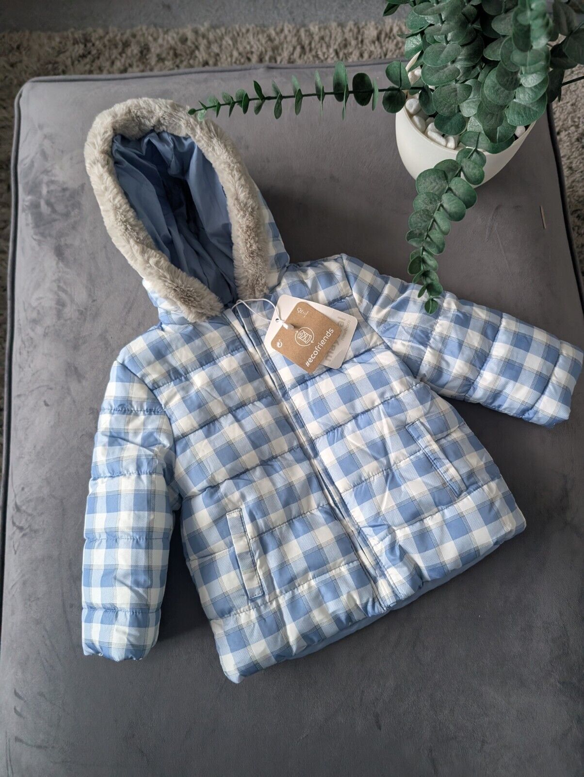 New Baby Mayoral Padded Winter Coat Age 6/9mth Blue Check Fur Trim Hood Gift