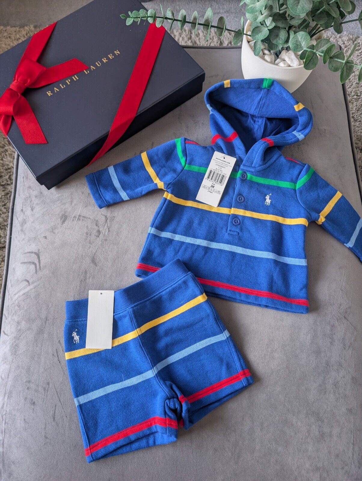 New Ralph Lauren Baby Boy Blue Short And Hoodie Set Gift Stripe Multi 0-3m Cute