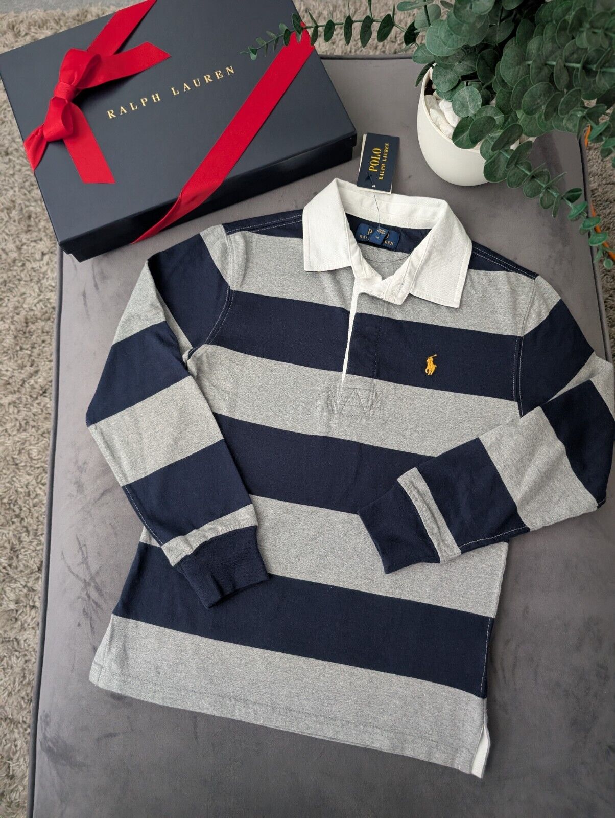 New Ralph Lauren Boys Rugby Style Stripe Long Sleeve Polo Grey Navy  8y Boys