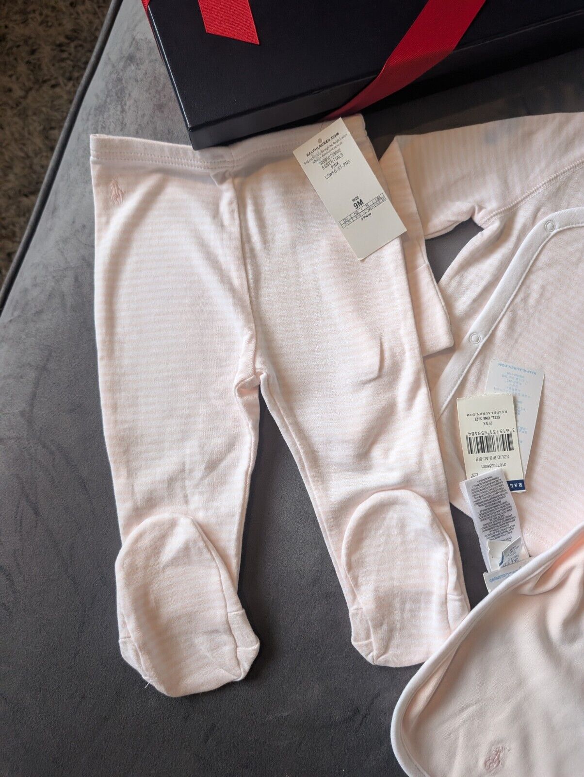 New Ralph Lauren Baby Girl 3 Piece Set Pants Top + Bib Pink Stripe Gift 6-9m