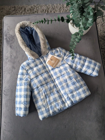 New Baby Mayoral Padded Winter Coat Age 6/9mth Blue Check Fur Trim Hood Gift