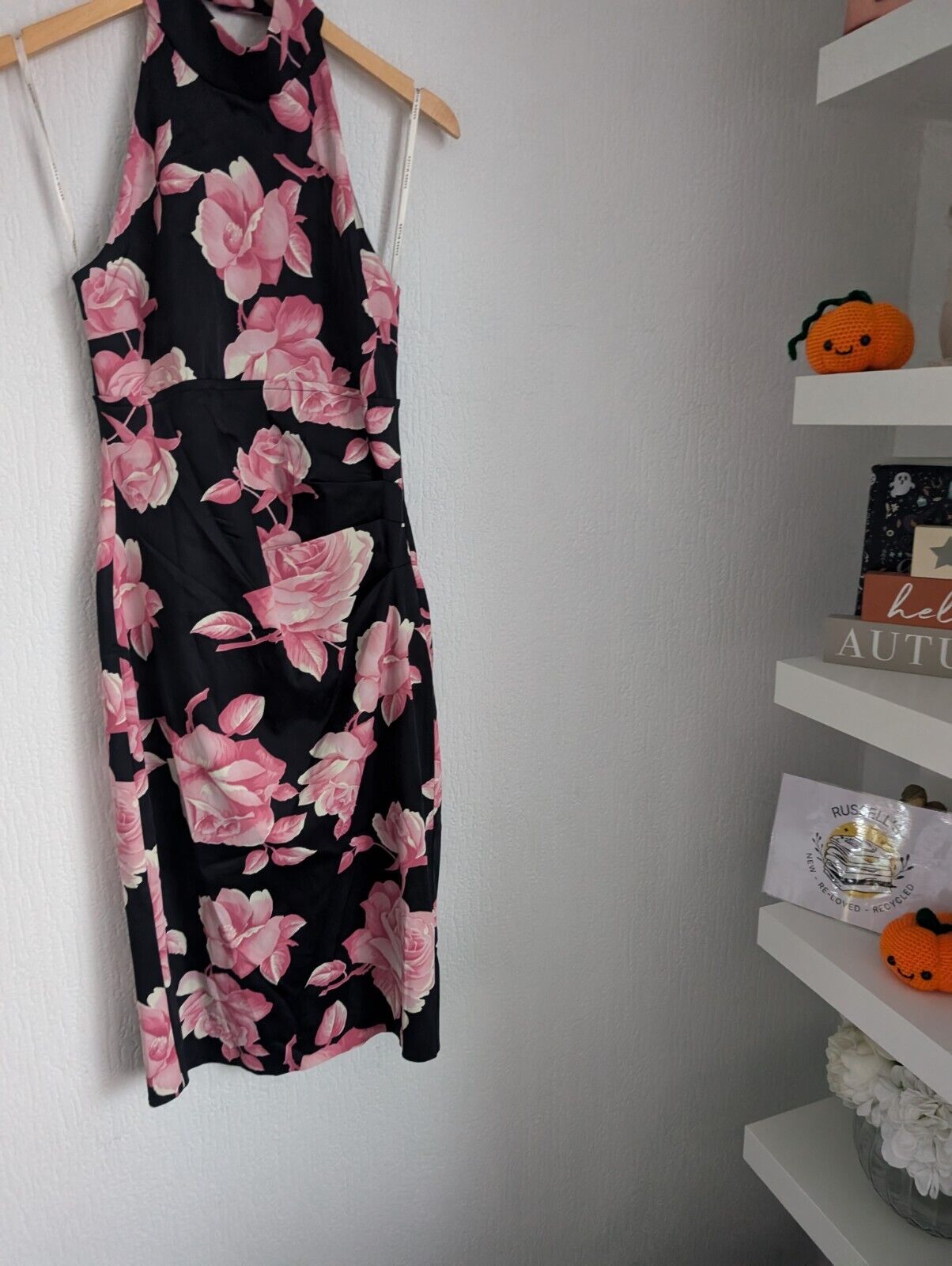 New Karen Millen Rose Print Halterneck Dress In Black/ Pink Size UK 12 Occasion