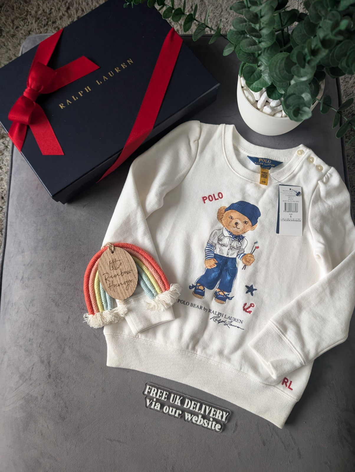 New stunning girls Ralph Lauren Artist bear jumper sweatshirt white 5-6yrs Gift