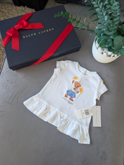 New Cute Gift Ralph Lauren girls White polo bear T-Shirt Bear Peplum Dress 3-6m