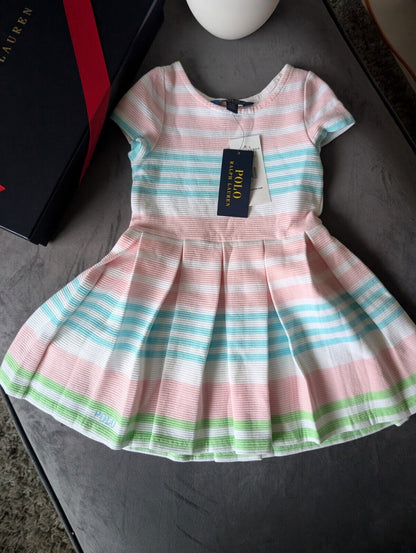 New Stunning Girls Ralph Lauren pastel Ribbed Stripe Dress Occasion Age 3 Gift