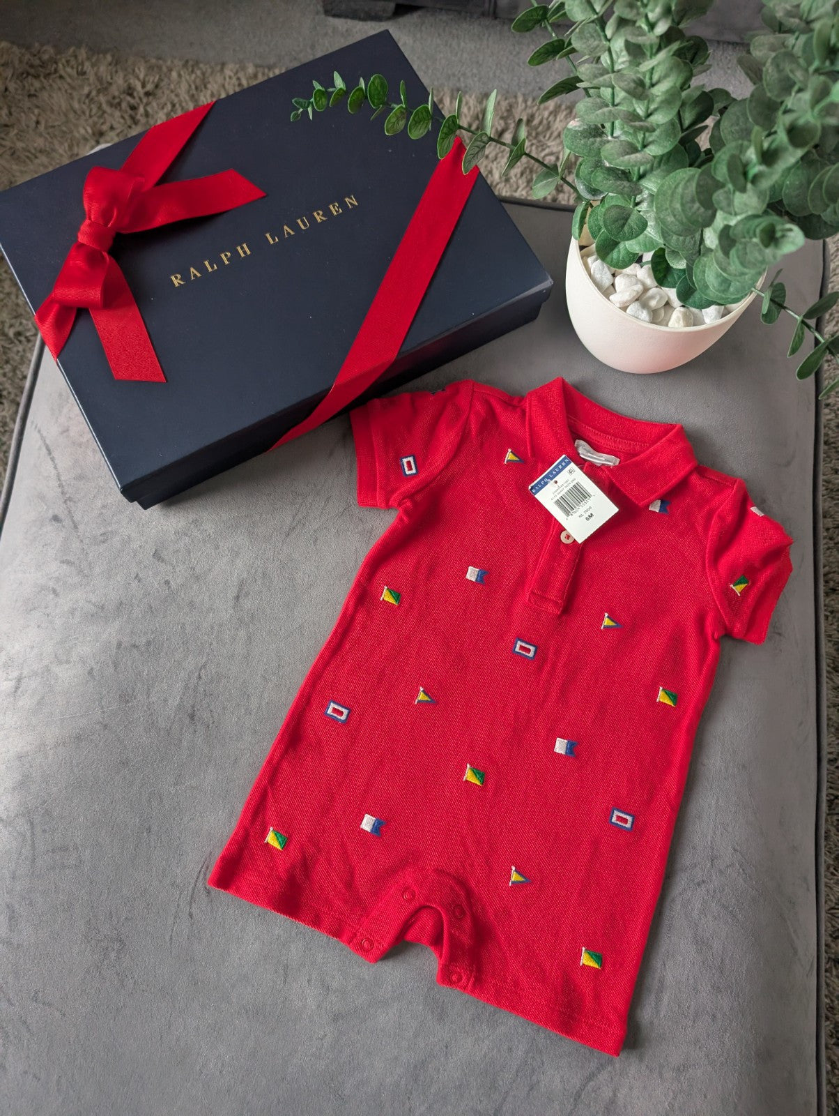 New Ralph Lauren Baby Boy Red Embroidery Flag Romper Gift 3-6m Summer Holidays