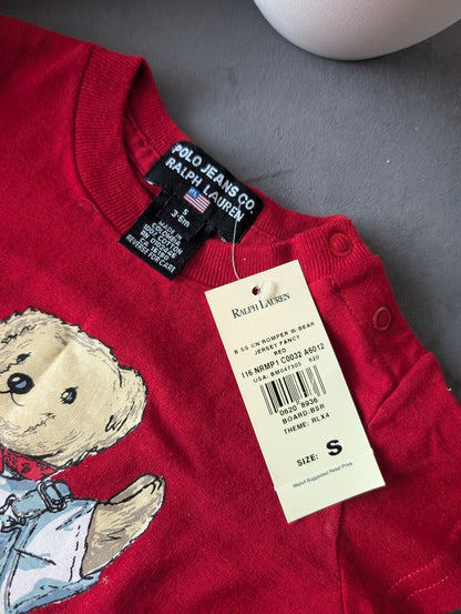 New Vintage Ralph Lauren Polo Jeans Bear Romper Baby Boy Red Cute Gift 3-6m