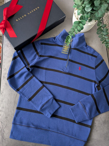 New Ralph Lauren Boys Navy  3/4 Zip Knit Blue Stripe Top Top Jumper 10-12y