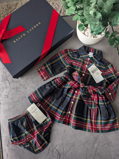 New Stunning Ralph Lauren Girls Tartan Plaid Flannel L Sleeve Dress 0-3m occasion