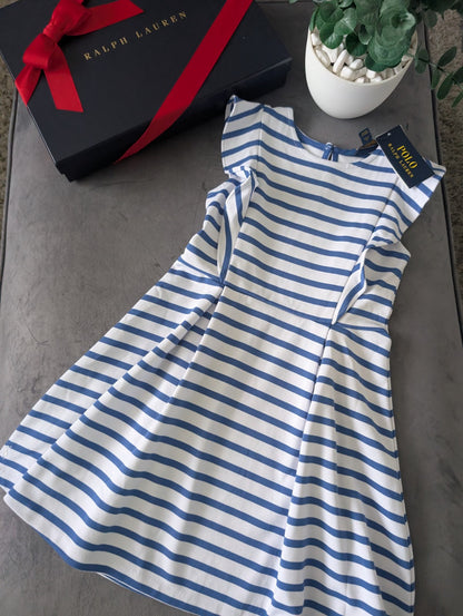 New Ralph Lauren Girls White Navy Stripe Polo Frill Stripe Ribbed Dress 6-7yr