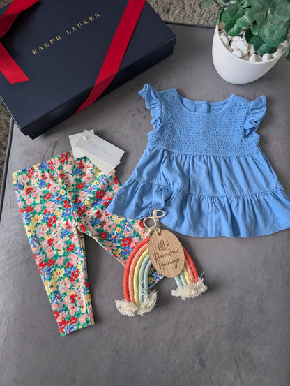 New Ralph Lauren Girls Blue Top And Legging Set Floral Gift Summer Cute 3-6m