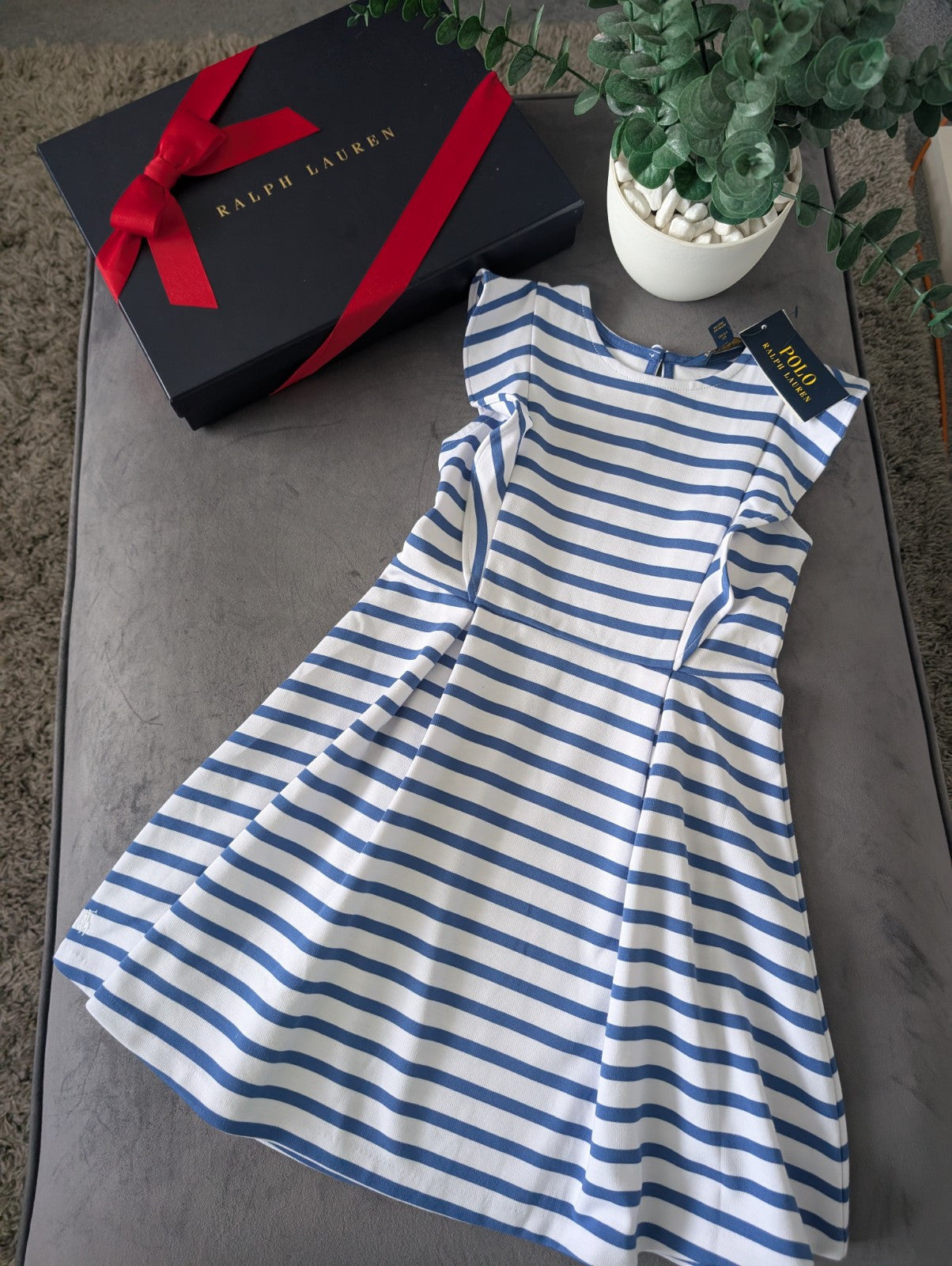 New Ralph Lauren Girls White Navy Stripe Polo Frill Stripe Ribbed Dress 6-7yr